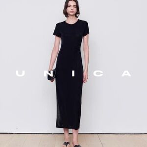 Black Ruched Midi Dress Size L NWT Bodycon Short Sleeve Minimalist